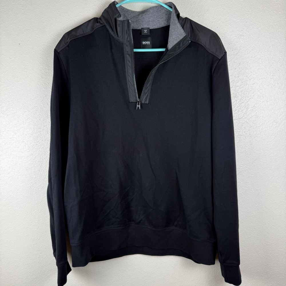 Hugo Boss Mens Black Quarter Zip Pullover Cotton Blend Shoulder Overlay Size L
